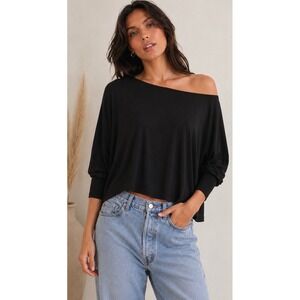 Planet by Lauren G Black Microfiber Off Shoulder Boxy Oversized Top One Size